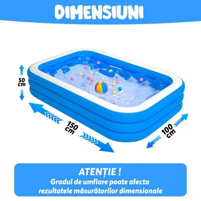 Piscina Gonflabila Dreptunghiulara, pentru Adulti sau Copii 3+ Ani, Ideala pentru Curte, Gradina, Interior si Exterior, Cu Baza Podea Moale, Usor de Instalat, 3 Straturi, 150x100x50 cm [12]