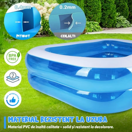 Piscina Gonflabila Dreptunghiulara 201x150x45 cm, pentru Adulti sau Copii 3+ Ani, Ideala pentru Curte, Gradina, Interior si Exterior, Cu Baza Podea Moale, Usor de Instalat, 2 Straturi [6]