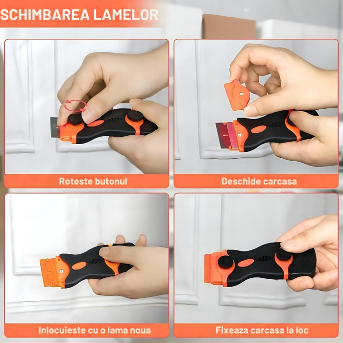 Racleta pentru plita/cuptor, design inovativ, modern, 40 lame rezerva, otel inoxidabil Premium, maner plastic rezistent, portocaliu/negru [7]
