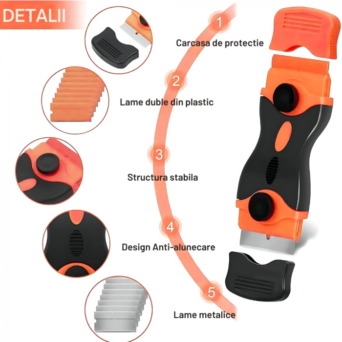Racleta pentru plita/cuptor, design inovativ, modern, 40 lame rezerva, otel inoxidabil Premium, maner plastic rezistent, portocaliu/negru [6]