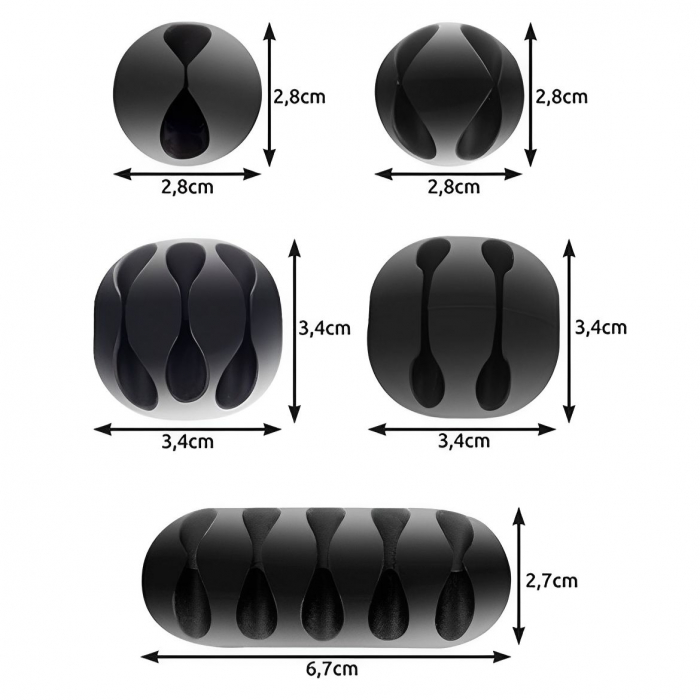 Set 10 suporturi cabluri pentru orice tip de mobilier, 5 dimensiuni diferite, organizator autoadeziv pentru sub blat, Negru [2]