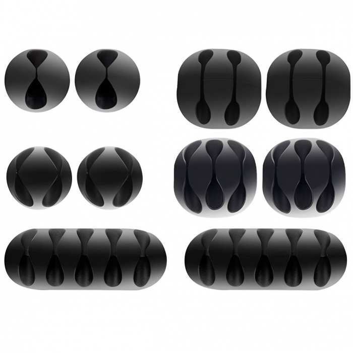 Set 10 suporturi cabluri pentru orice tip de mobilier, 5 dimensiuni diferite, organizator autoadeziv pentru sub blat, Negru [1]
