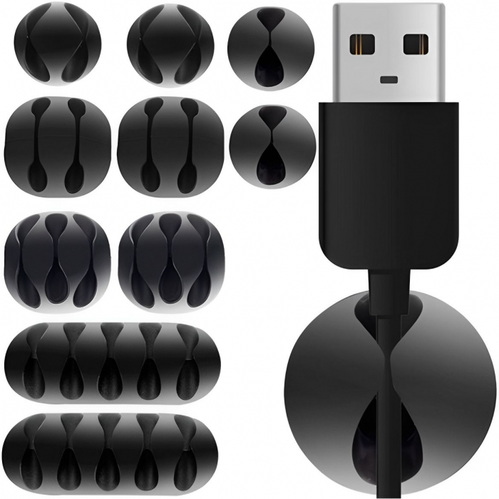 Set 10 suporturi cabluri pentru orice tip de mobilier, 5 dimensiuni diferite, organizator autoadeziv pentru sub blat, Negru [7]