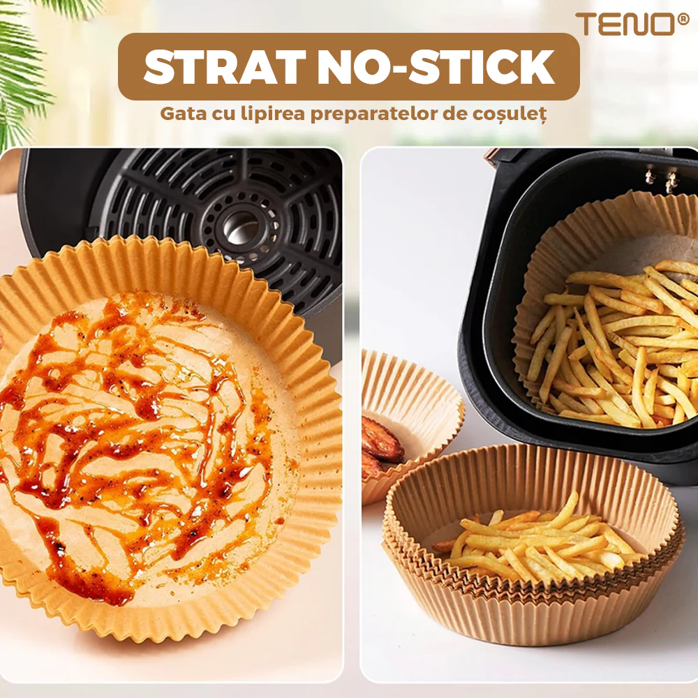 Set 100 bucati hartie de copt pentru air fryer, friteuza, Unica folosinta, 16x16x4.5 cm, Maro, Rotund [6]