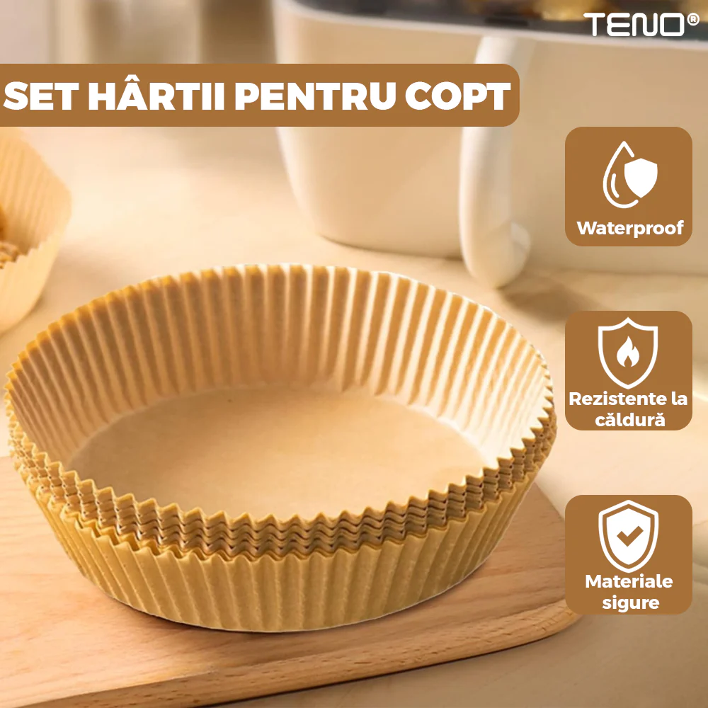Set 100 bucati hartie de copt pentru air fryer, friteuza, Unica folosinta, 16x16x4.5 cm, Maro, Rotund [2]