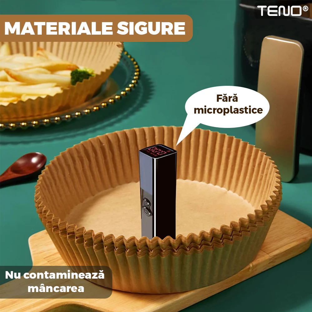 Set 100 bucati hartie de copt pentru air fryer, friteuza, Unica folosinta, 16x16x4.5 cm, Maro, Rotund [3]