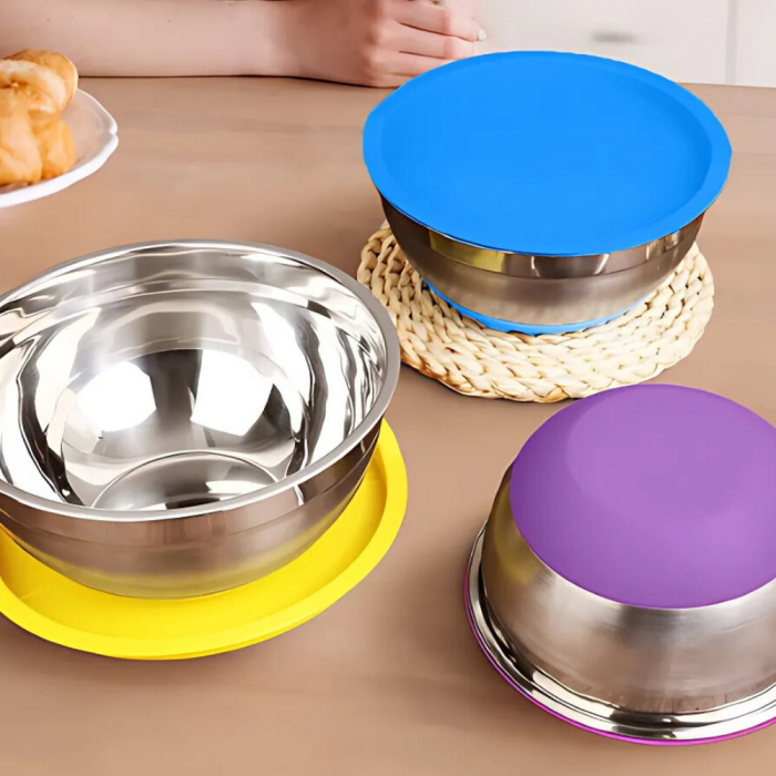 Set de 3 Castroane cu Capace, Inox Alimentar, inchidere ermetica, 3 capace colorate, baza antiderapanta din silicon, diametru 20cm/22cm/28cm, multicolor [2]