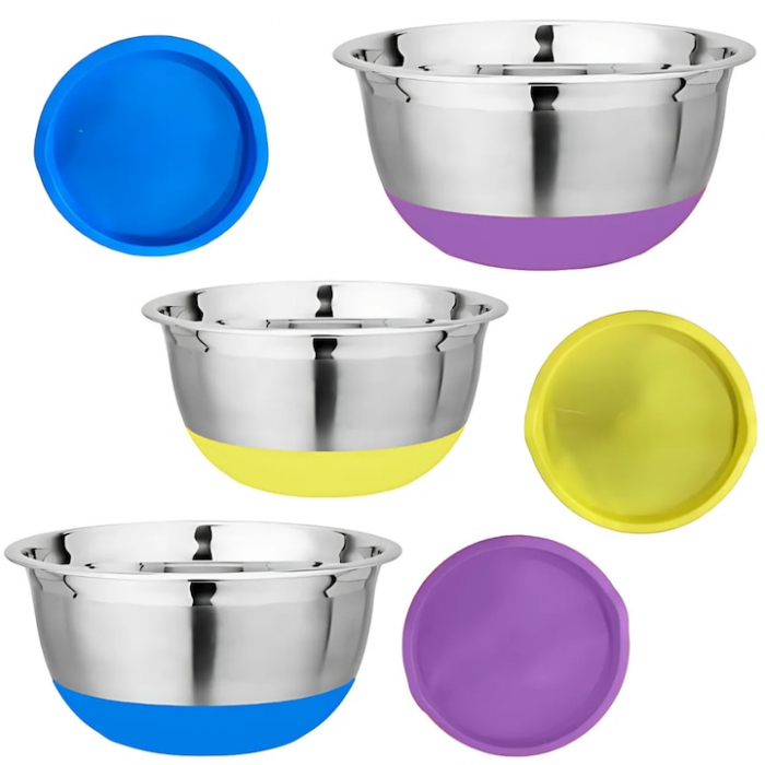 Set de 3 Castroane cu Capace, Inox Alimentar, inchidere ermetica, 3 capace colorate, baza antiderapanta din silicon, diametru 20cm/22cm/28cm, multicolor [1]
