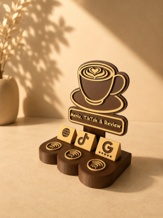 Standuri NFC Recenzii și Social Media - Stand NFC Personalizat Cafenea – Design Premium Maro