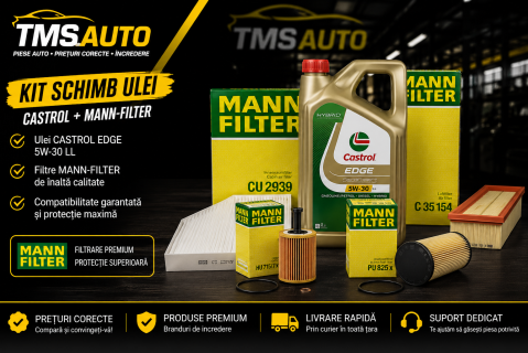 Kituri revizie - Kit complet de revizie cu Castrol EDGE 5W-30 LL 5L și filtre MANN-FILTER HU 719/7 X, C 35 154, PU 825 X și CU 2939 pentru motorizări diesel compatibile Audi, VW, Skoda și Seat.