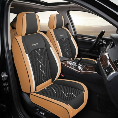 HUSE AUTO PREMIUM - Huse auto premium 5 locuri Carguard Deluxe piele ecologică perforată și textil - maro caramel