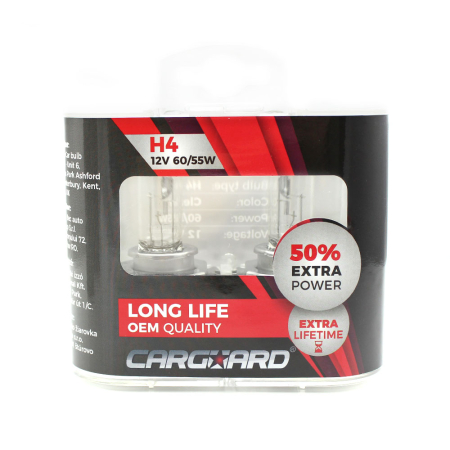 Becuri Halogen Auto - Set de 2 becuri Halogen H4, 55W, +50% Intensitate - LONG LIFE - CARGUARD