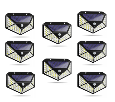 Pachete Promotionale - Set 8 x Lampa cu Incarcare Solare, Senzor de Miscare, 3 Moduri de Iluminare, 100 LED, Prindere pe Perete