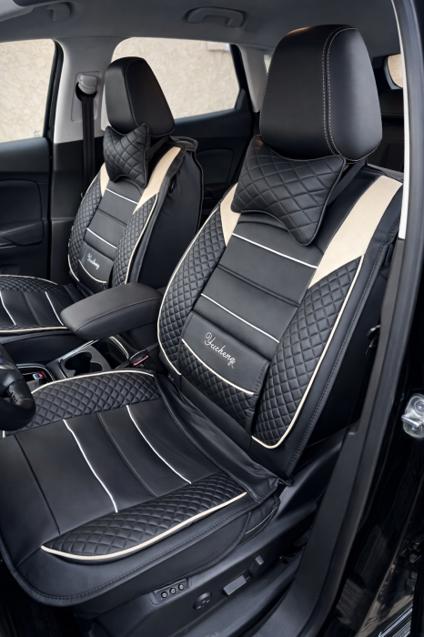 Huse auto Eco-Piele 5 scaune + 2 pernuțe (negru-bej) [2]