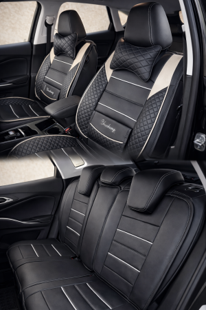 Huse auto Eco-Piele 5 scaune + 2 pernuțe (negru-bej)