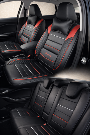 Huse Scaune - Huse auto Eco-Piele 5 scaune + 2 pernuțe (negru-rosu)