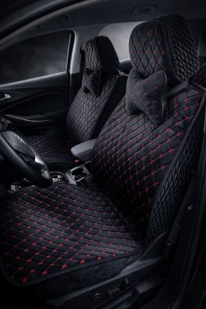 Huse auto Velur 2 scaune + 2 pernuțe (negru cu nuanță roșie)