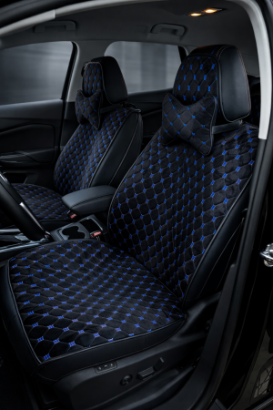 Huse Scaune - Huse auto Velur combinat cu piele 2 scaune + 2 pernuțe (negru cu nuanță albastră)