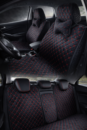 Huse auto Velur Față și spate 5 scaune + 2 pernuțe (negru cu nuanță roșie)