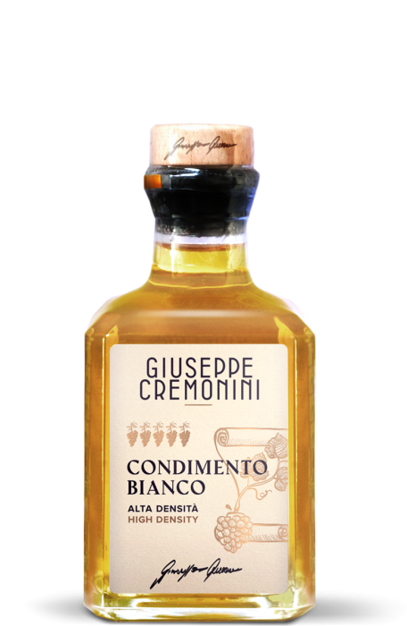 Condimento Bianco italian de înaltă densitate, obținut din must de struguri concentrat și oțet de vin. Gust agrodolce echilibrat, ideal pentru pește, salate și legume. [2]