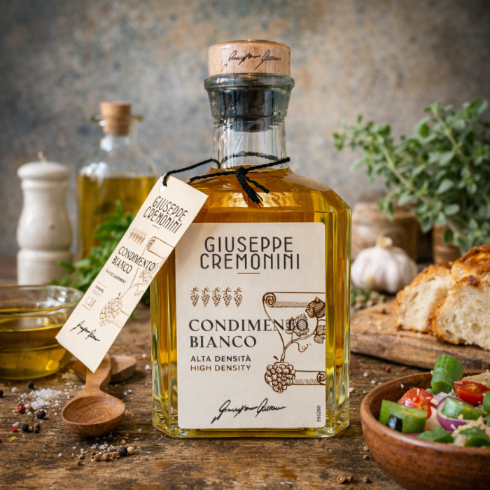 Condimento Bianco italian de înaltă densitate, obținut din must de struguri concentrat și oțet de vin. Gust agrodolce echilibrat, ideal pentru pește, salate și legume. [3]
