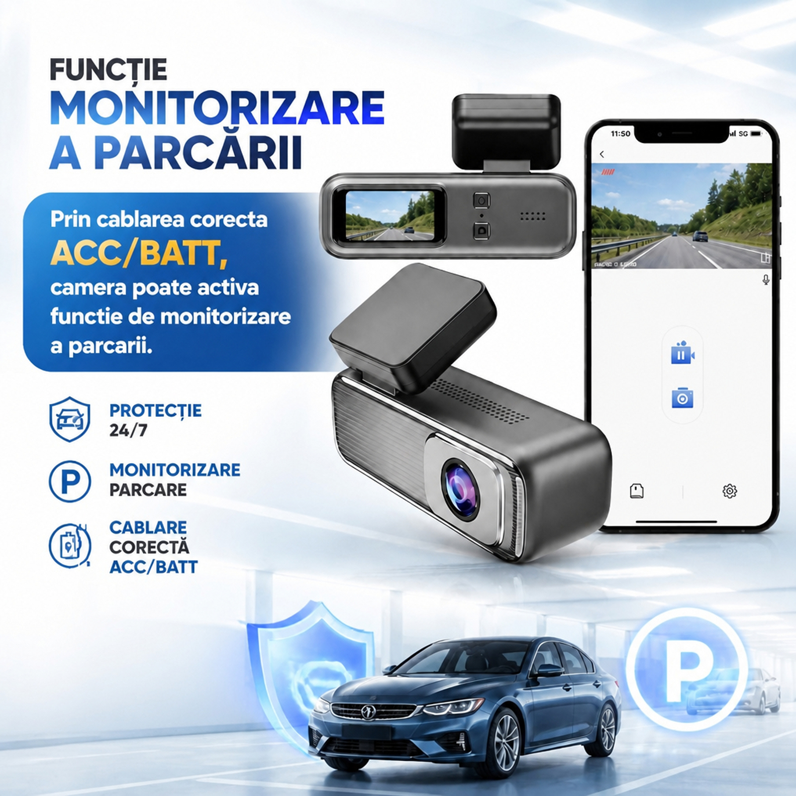 Camera auto DVR Model Q6 2K Quad HD, WiFi, aplicatie mobila, monitorizare parcare, USB-C, 12V