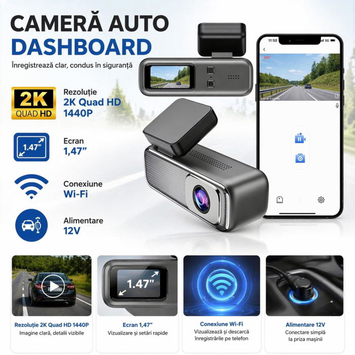 Camera auto DVR Model Q6 2K Quad HD, WiFi, aplicatie mobila, monitorizare parcare, USB-C, 12V [6]