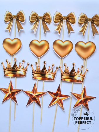 Toppere Diverse - Set Toppere Inima + Coroana + Stea + Fundita Auriu