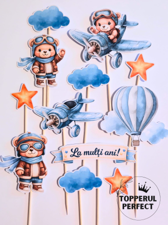 Toppere Torturi - Toppere Tort Urs Albastru Aviator – Decor Tort Ursuleti