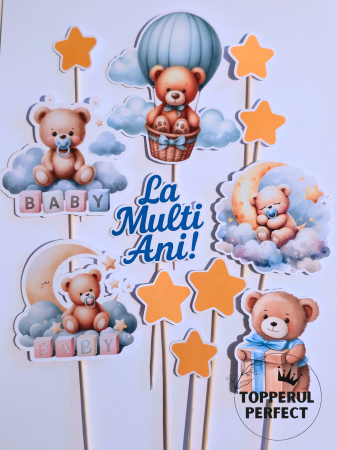 Toppere Torturi - Toppere Tort Ursulet Botez Visator Cu Nori – Decor Tort Botez