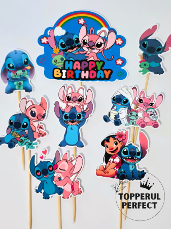 Toppere Torturi - Set Toppere Tort Stitch și Angel – Happy Birthday | Decor Tort Petrecere