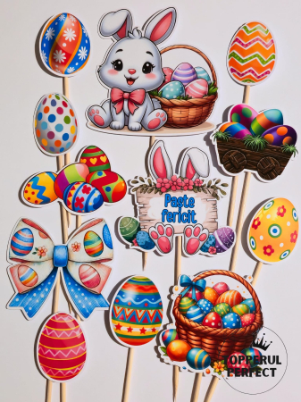 Toppere Tort de PASTE - Toppere Tort De Paste Cu Iepuras Si Cos Cu Oua – Decor Tort Paste Tematic