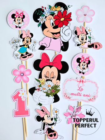 Toppere Minnie & Mickey - Toppere Tort Minnie Mouse & Flori Fete | Decoratiuni Tort Deco