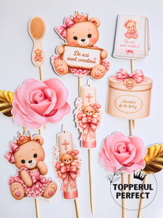 Toppere Botez - Toppere Tort Botez de Azi Sunt Crestina Urs Fete – Set Aniversar Roz Decor