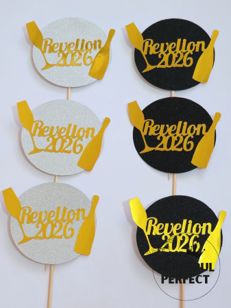 Toppere cu Scris - Set de 2 Bucati Revelion 2026 / Negru + Argintiu