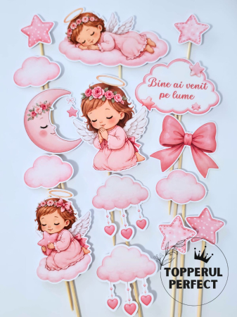 Toppere Botez - Toppere Tort Bebe Bine Ai Venit Pe Lume Roz | Decoratiuni Tort