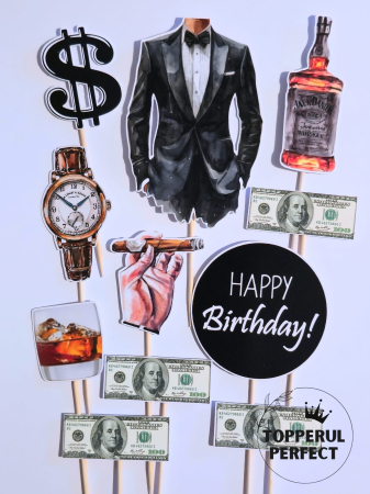 Toppere Baieti - Toppere Tort Barbati Happy Birthday Bauturi Bani – Decor Tort Aniversar