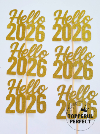 Toppere cu Scris - Toppere Hello 2026 Gliter Auriu / 1 Bucată