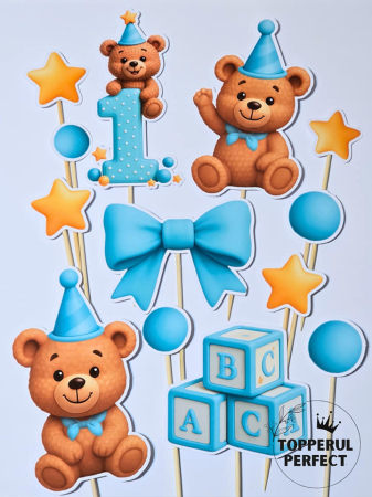 Toppere 1 an baieti - Set Toppere Urs cu coif albastru