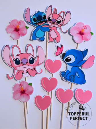 Toppere Stitch - Toppere Tort Stitch Flori Inimioare – Decor Tort Copii