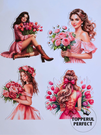 8 Martie - Toppere tort 8 martie – siluete femei + flori FRONTALE 4 buc