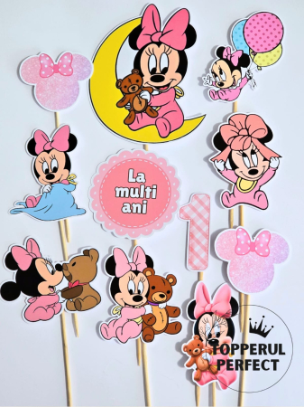 Decoratiuni Toppere - Toppere Tort Minnie Mouse 1 An Roz | Decoratiuni Tort & Set Toppere