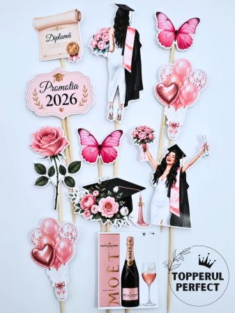 Absolvire Scoala - Set Toppere Promotia 2026 Absolvire Fata Roz Elegant