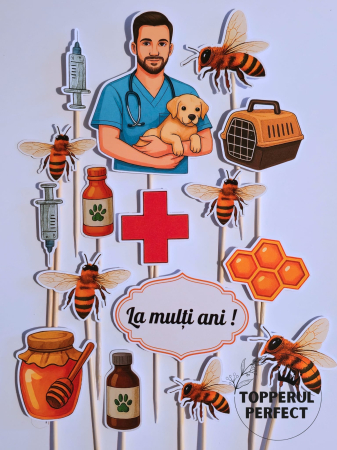 Toppere Animale - Toppere Tort Doctor Veterinar Cu Albine – Decor Tort Tematic