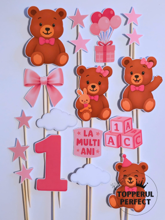 Toppere Torturi - Toppere Tort Urs Botez Fete Roz – Decor Tort Botez