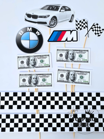 Toppere Masini - Topper Tort BMW – Set Decoratiuni cu BMW Seria 7, Logo BMW M, Bani si Steaguri Finish