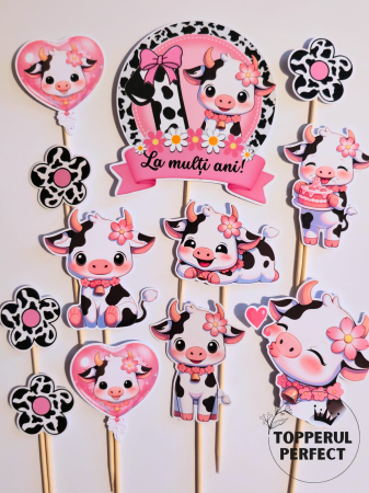 Toppere Torturi - Toppere tort Vacuta roz – Decor tort tematic animale pentru fete