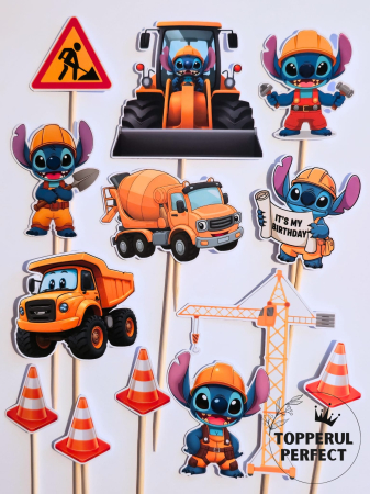 Toppere Tort Copii - Toppere tort Stitch constructii – Decor tort tematic Stitch pentru copii