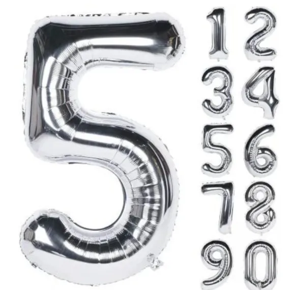 Articole Petrecere - Balon Cifra 5 Argintiu din Folie - Balon pentru Petreceri si Aniversari