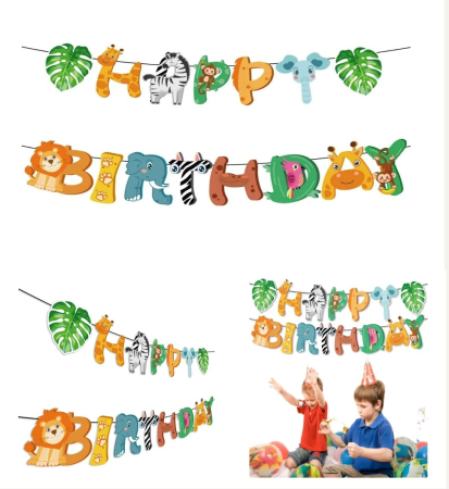 Bannere - Banner Petrecere Happy Birthday Jungla - Decoratiuni pentru Aniversari Copii si Petreceri Safari